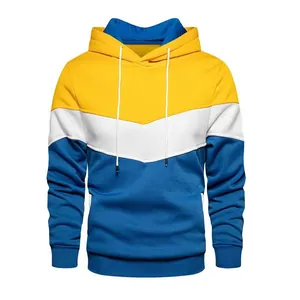Front view of men's color-blocked hooded sweatshirt in yellow, white, and blue