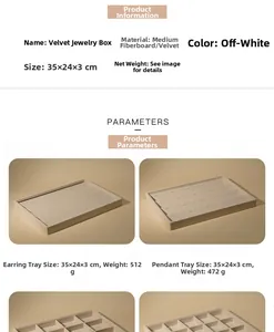 Detailed view of beige velvet jewelry display trays with specific size and weight data
