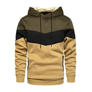 Detail view of a men's tri-color block hooded sweatshirt with fleece lining.
