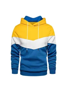 Men's casual color-blocked hooded sweatshirt with yellow, white, and blue chevron pattern