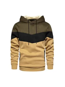 Casual three-tone color-blocked men's hoodie with warm fleece lining and drawstring