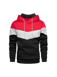 Casual men's athletic color-block fleece hoodie with red grey and black V-pattern design