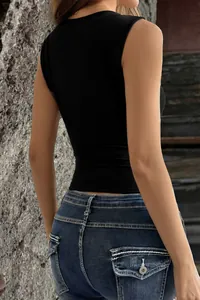 Detailed rear view of a black sleeveless Y2K street style cropped top for women.
