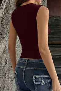 Back view of a chic wine red Y2K style sleeveless slim-fit crop top for women