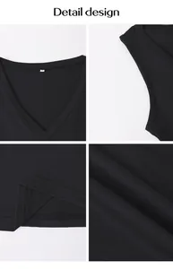 Detailed views of black V-neck short T-shirt showing neckline and fabric texture.