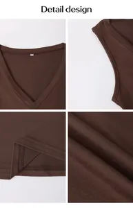 Detail view of brown cropped V-neck T-shirt showing fabric texture and stitching