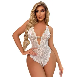 Sexy white lace deep V-neck teddy lingerie featuring heart buckle and open crotch design
