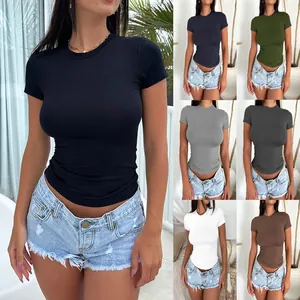 Maglietta da Donna Sexy Slim Fit Girocollo a Maniche Corte Tinta Unita Stile Y2K Poliestere Casual Estate Top