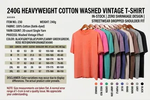 Maattabel en specificaties voor zwaar gewassen katoenen T-shirt met korte mouwen
