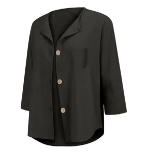 Gilet chemise ample en coton et lin noir vintage pour femme