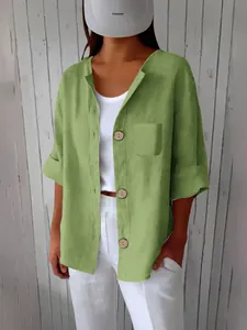 Blouse Femme Vintage Ample Boutonnée Chemise Décontractée à Manches Courtes avec Poche Haut en Polyester Coton Vêtement d'été Minimaliste