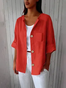 Gilet rétro décontracté pour femme en coton et lin à manches courtes rouge orangé