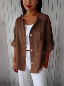 Veste chemise minimaliste vintage en coton et lin à manches courtes pour femmes