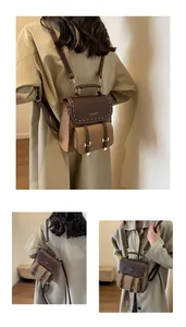 Vintage brown contrast leather backpack shown in multiple angles and on-model display.