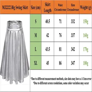 Maattabel voor zilverkleurige metallic PU-leren plooirok met afmetingen