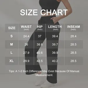 Gedetailleerde maattabel en maattabel voor yoga-broeken met hoge taille en rechte pijpen.