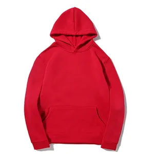 Close-up detail of a solid red fleece hooded sweatshirt with front kangaroo pocket