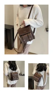 Vintage brown leather backpack for women shown in multiple angles on model poses