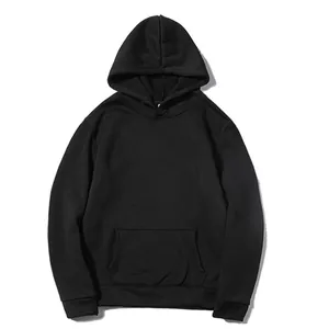 Minimalist plain black fleece pullover hoodie featuring a functional kangaroo pocket.