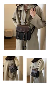 Collage showing multi-angle views of a vintage brown and black backpack on a model