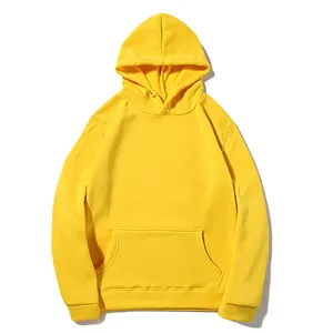 Front view of a vibrant yellow solid color blank pullover hoodie with front pocket