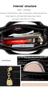 Detailed view of the internal structure of a crocodile pattern patent leather handbag