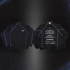 Detailed front and back view of a black high-street zip-up jacket with TWICE print