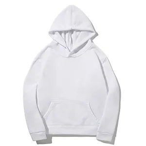 Plain white fleece-lined hoodie with kangaroo pocket, 220g fabric detail.