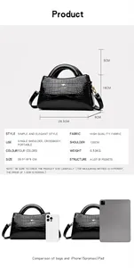 Detailed size chart and iPhone/iPad scale comparison for black crocodile pattern handbag
