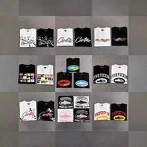 Grid view of various folded t-shirts with unique streetwear graphic prints and logos