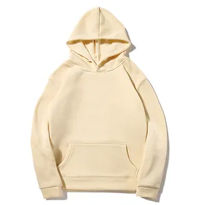 Detailed view of minimalist cream-colored fleece hoodie with a soft kangaroo pocket