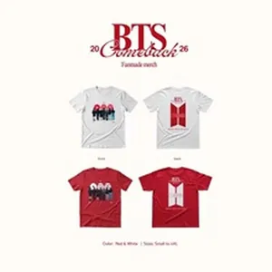 Red and white BTS fanmade short sleeve T-shirt featuring group members and official logo