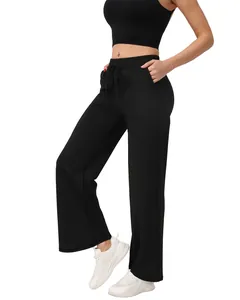 Zwarte yoga broek voor dames met hoge taille, rechte pijpen en een handig trekkoord