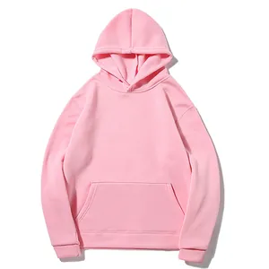 Full view of a classic pink fleece hoodie showing kangaroo pocket and hood detail