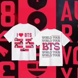 Front and back view of a white cotton T-shirt featuring BTS World Tour graphic prints