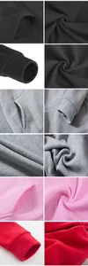 Close-up details of solid color fleece hoodies showing cuffs, pockets and lining.