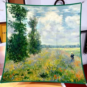 Detailed view of the 90x90cm vintage oil painting print silk scarf with fine texture.