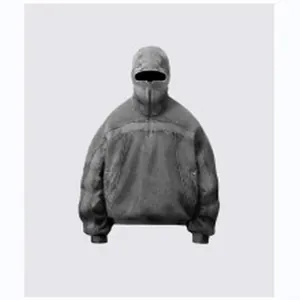 Detailed view of a grey textured zip-up hoodie with an integrated face mask hood