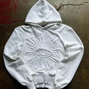 White high street hoodie for men featuring a unique embossed eye design on chest