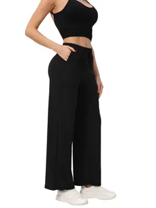 Vrouwen Hoge Taille Rechte Pijpen Yoga Broek Casual Losse Fitness Lounge Broek Met Zakken Trekkoord Effen Kleur Broek