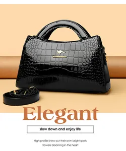 Elegant black crocodile-patterned patent leather handbag with a gold kangaroo logo