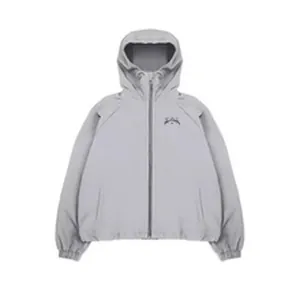 Classic grey hooded zip-up sweatshirt for men featuring a minimalist graphic chest logo print