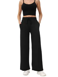 Comfortabele dames yoga broek met hoge taille, rechte pijpen en trekkoord in het zwart