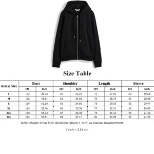 Detailed size chart for black zip-up hoodie with measurements in cm and inches.