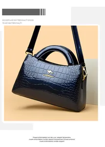 Stylish dark navy crocodile embossed patent leather handbag with golden hardware details