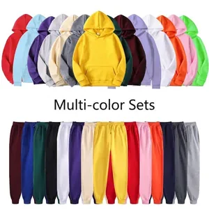 Multi-color solid plain fleece hooded sweatshirt and matching jogger pants set