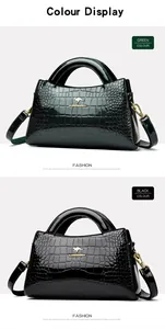 Stylish women's crocodile pattern patent leather handbag shown in green and black colors
