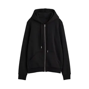 Classic minimalist black men's zip-up hoodie with a drawstring hood and side pockets