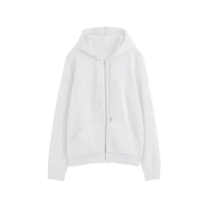 Plain white men's zip-up hooded sweatshirt with a minimalist street style design