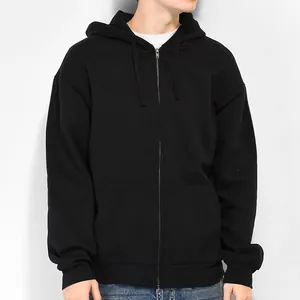 Men's premium black zip-up hoodie with adjustable drawstring hood and front pockets